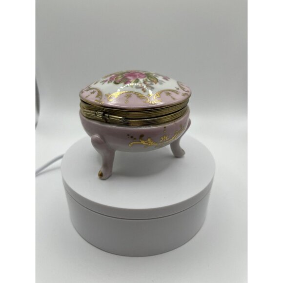 Porcelain Hand Painted Trinket Box Hinged Lid 4 Pedestal Legs Pink Floral VTG - Picture 7 of 16
